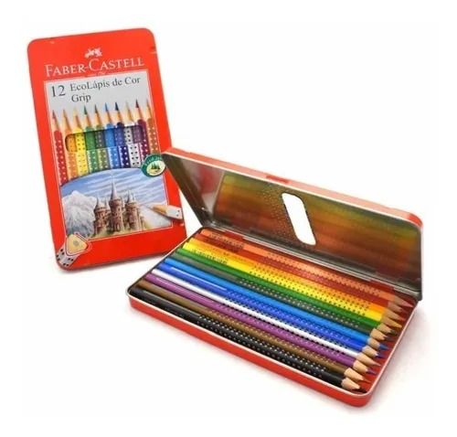 LAPIS COR ECO GRIP 12 CORES FABER ESTOJO LATA